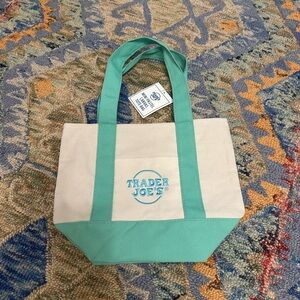 Trader Joe’s Mini Pastel Canvas Teal and Cream Tote Bag